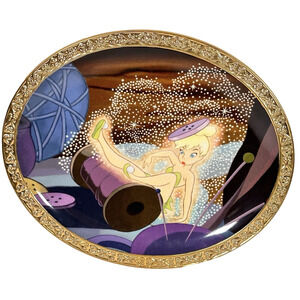 Vintage Disney Tinker Bell Pixie Ceramic Plate Gold Trimmed Peter Pan Rare